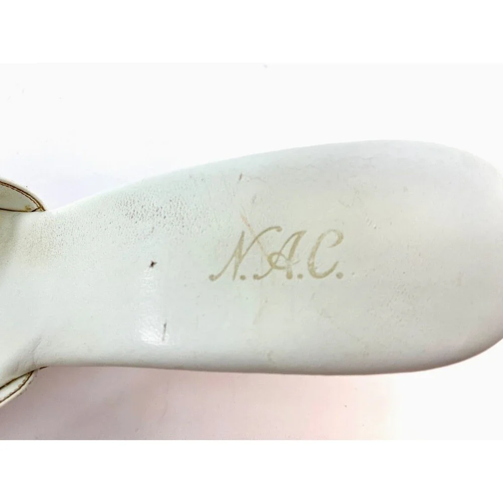 Vintage Made In Japan White Slip-On Heel Shoes 8.5 Open Toe Wood Lounge Resort
